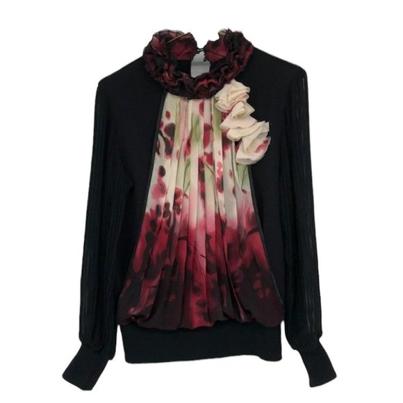 Tops - Ruffle high neck pleated chiffon red pink black floral long sheer sleeve blouse